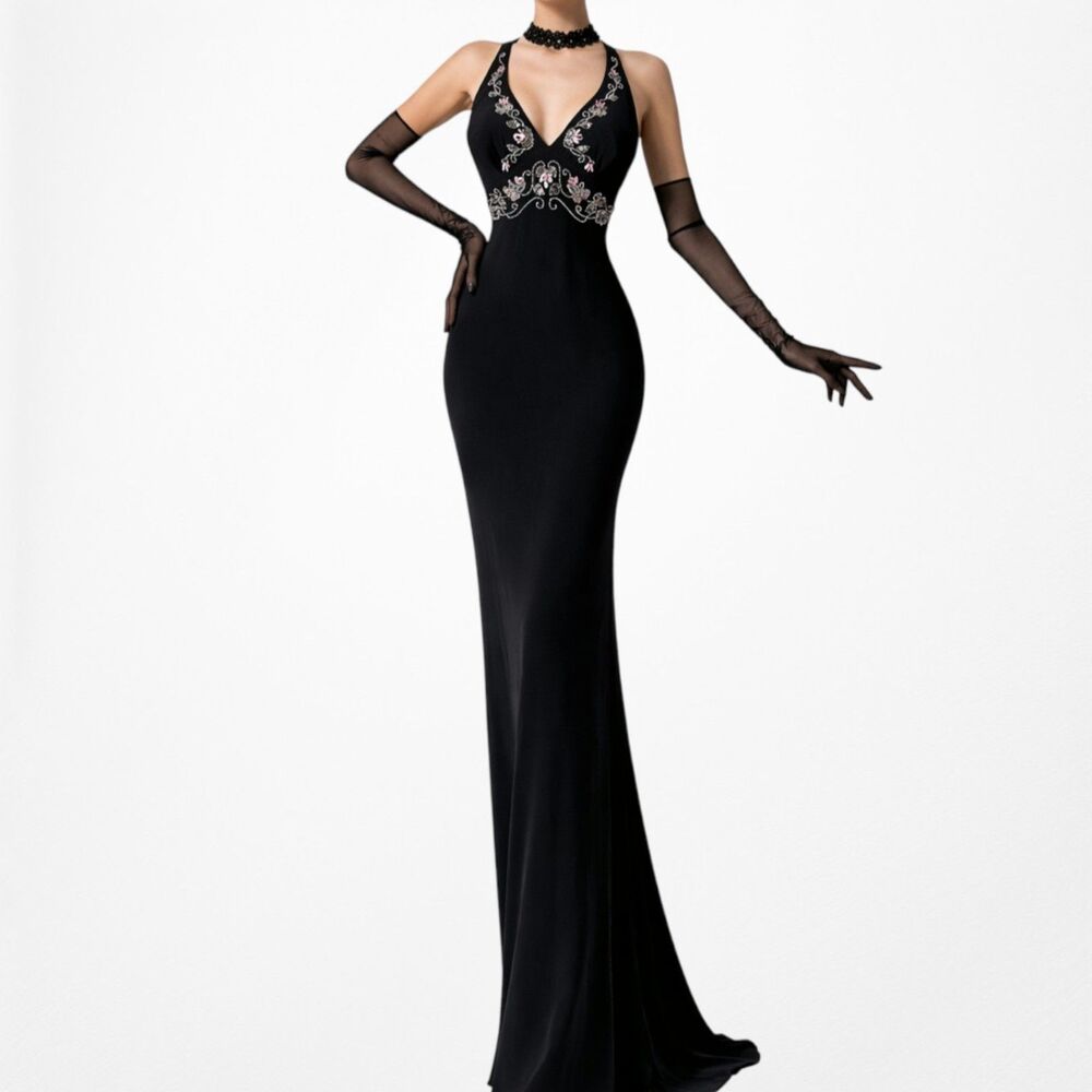 Vintage Y2K Black Floral Beaded Knit Bodycon Cocktail Maxi Prom Dress Size M